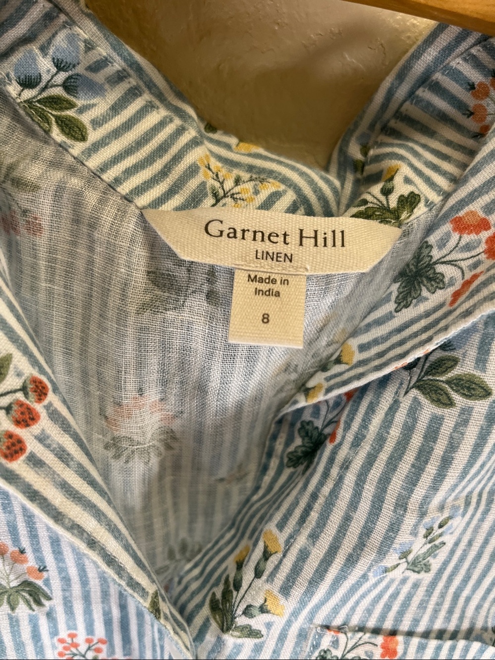 Garnet Hill Light Blue Striped Floral Linen Shirt size 8 - Picture 2 of 6